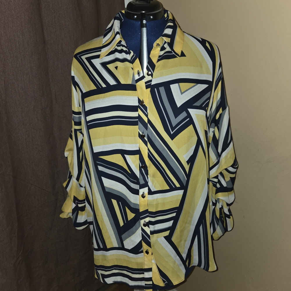 Ashley Stewart Yellow and Black Geometric Button Down Shirt